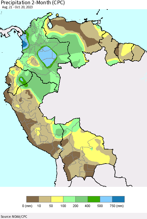 Northern South America Precipitation 2-Month (CPC) Thematic Map For 8/21/2023 - 10/20/2023