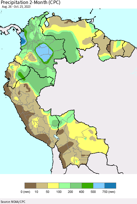 Northern South America Precipitation 2-Month (CPC) Thematic Map For 8/26/2023 - 10/25/2023