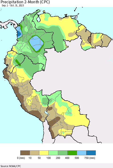 Northern South America Precipitation 2-Month (CPC) Thematic Map For 9/1/2023 - 10/31/2023