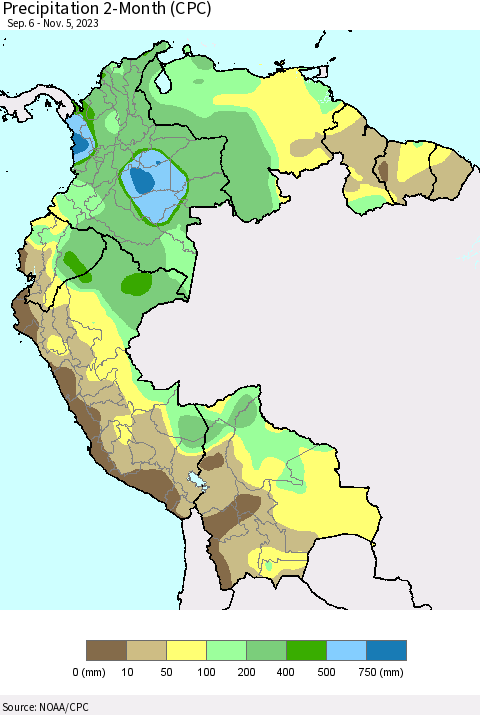 Northern South America Precipitation 2-Month (CPC) Thematic Map For 9/6/2023 - 11/5/2023