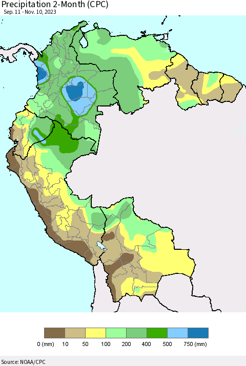 Northern South America Precipitation 2-Month (CPC) Thematic Map For 9/11/2023 - 11/10/2023