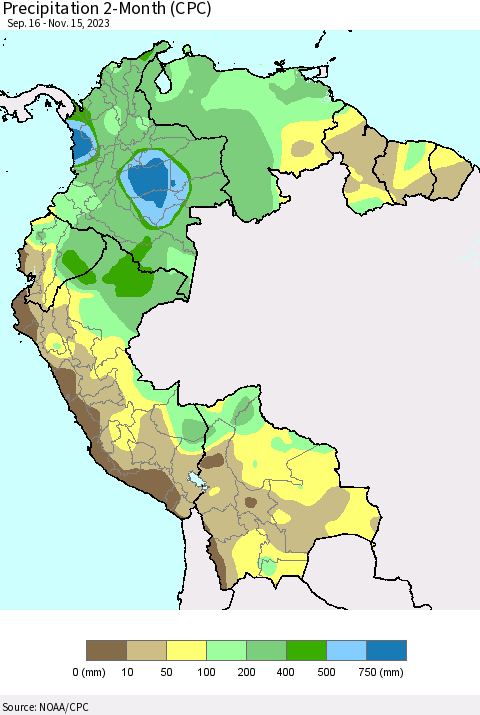 Northern South America Precipitation 2-Month (CPC) Thematic Map For 9/16/2023 - 11/15/2023