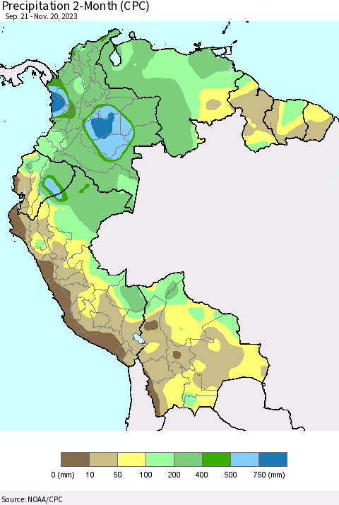 Northern South America Precipitation 2-Month (CPC) Thematic Map For 9/21/2023 - 11/20/2023