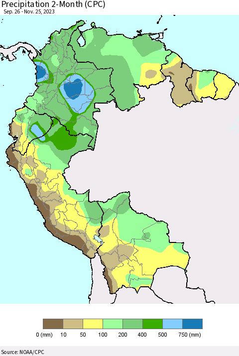 Northern South America Precipitation 2-Month (CPC) Thematic Map For 9/26/2023 - 11/25/2023