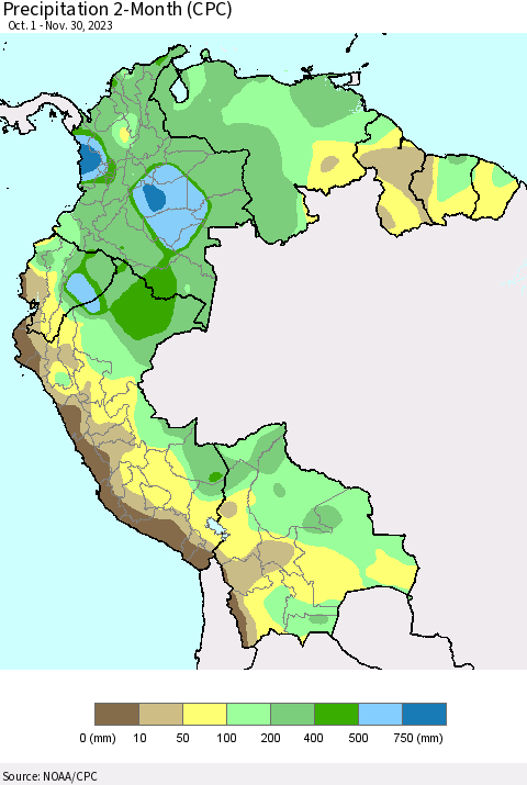 Northern South America Precipitation 2-Month (CPC) Thematic Map For 10/1/2023 - 11/30/2023