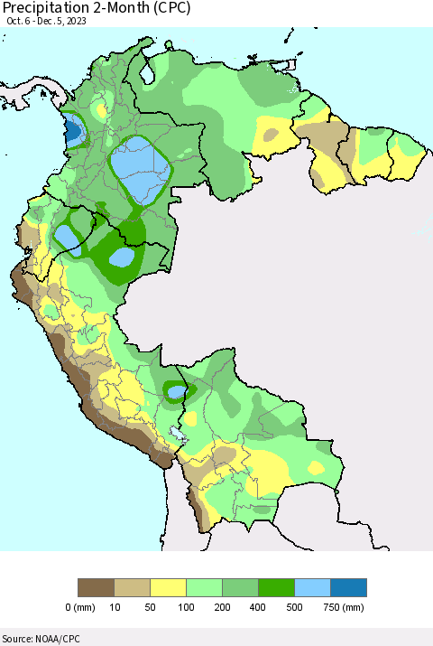 Northern South America Precipitation 2-Month (CPC) Thematic Map For 10/6/2023 - 12/5/2023
