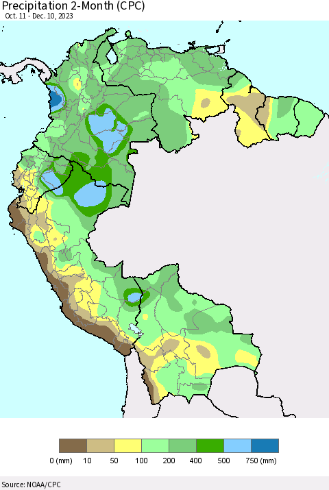 Northern South America Precipitation 2-Month (CPC) Thematic Map For 10/11/2023 - 12/10/2023