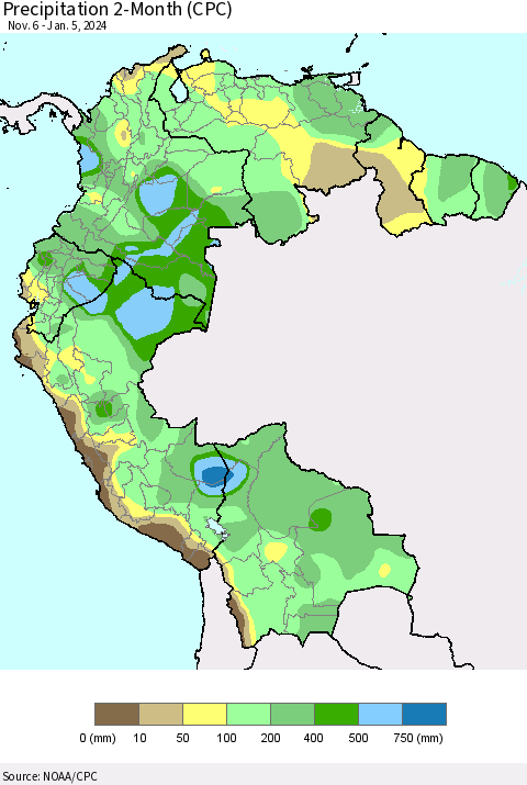 Northern South America Precipitation 2-Month (CPC) Thematic Map For 11/6/2023 - 1/5/2024