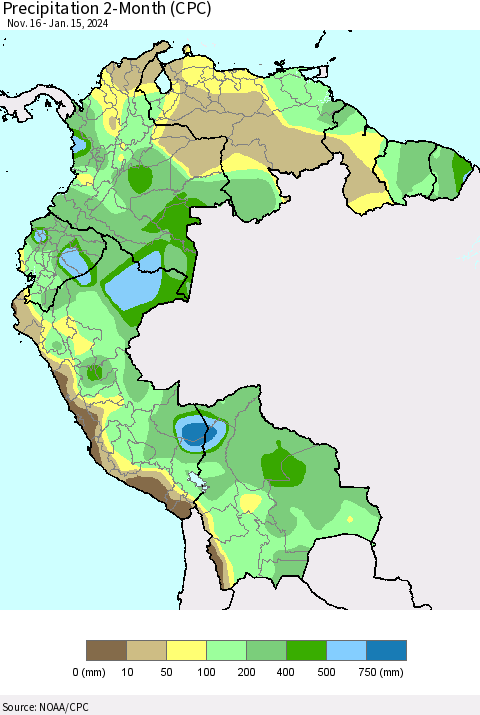 Northern South America Precipitation 2-Month (CPC) Thematic Map For 11/16/2023 - 1/15/2024