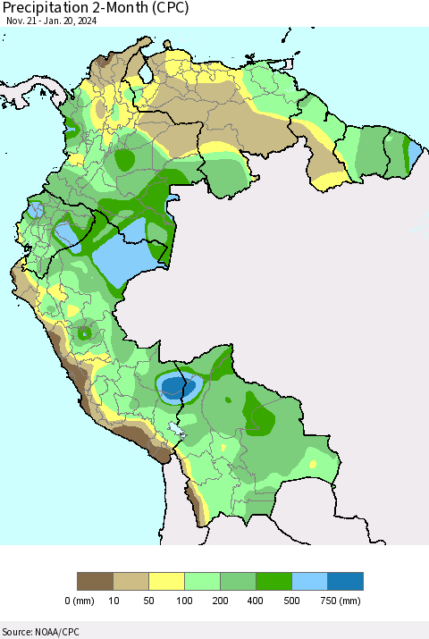 Northern South America Precipitation 2-Month (CPC) Thematic Map For 11/21/2023 - 1/20/2024