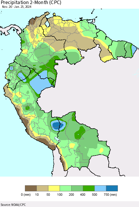 Northern South America Precipitation 2-Month (CPC) Thematic Map For 11/26/2023 - 1/25/2024