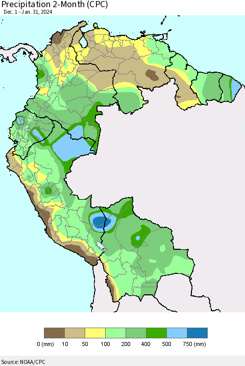 Northern South America Precipitation 2-Month (CPC) Thematic Map For 12/1/2023 - 1/31/2024