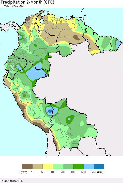 Northern South America Precipitation 2-Month (CPC) Thematic Map For 12/6/2023 - 2/5/2024