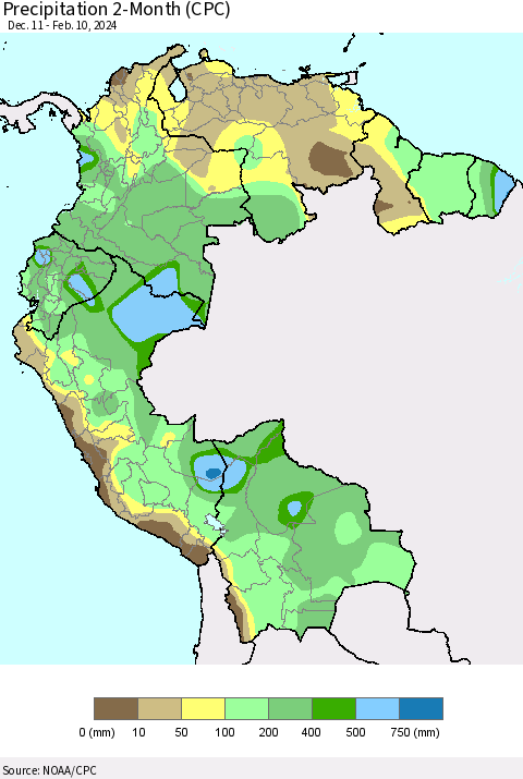 Northern South America Precipitation 2-Month (CPC) Thematic Map For 12/11/2023 - 2/10/2024