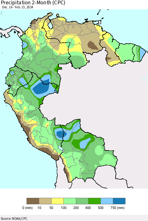 Northern South America Precipitation 2-Month (CPC) Thematic Map For 12/16/2023 - 2/15/2024