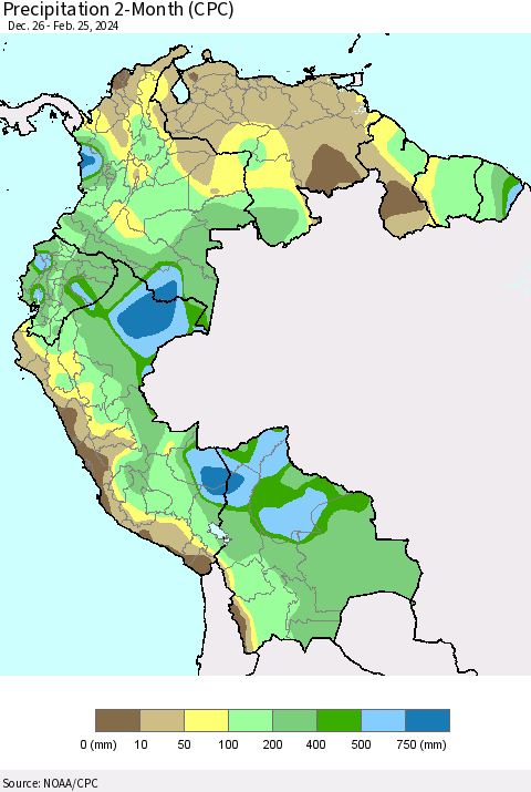 Northern South America Precipitation 2-Month (CPC) Thematic Map For 12/26/2023 - 2/25/2024