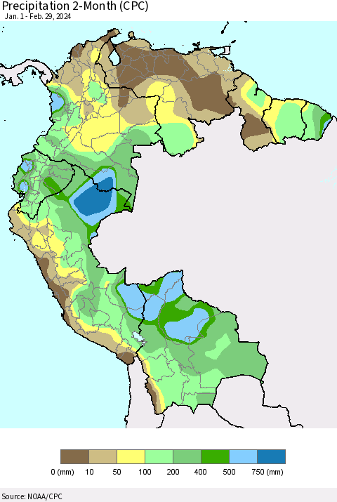 Northern South America Precipitation 2-Month (CPC) Thematic Map For 1/1/2024 - 2/29/2024