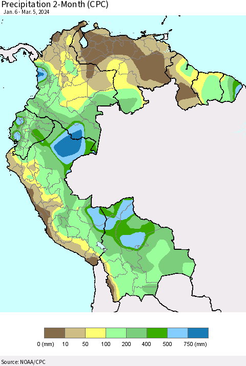 Northern South America Precipitation 2-Month (CPC) Thematic Map For 1/6/2024 - 3/5/2024