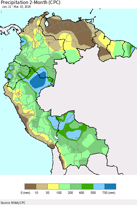 Northern South America Precipitation 2-Month (CPC) Thematic Map For 1/11/2024 - 3/10/2024