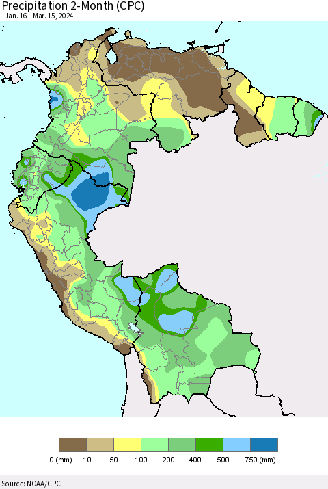 Northern South America Precipitation 2-Month (CPC) Thematic Map For 1/16/2024 - 3/15/2024