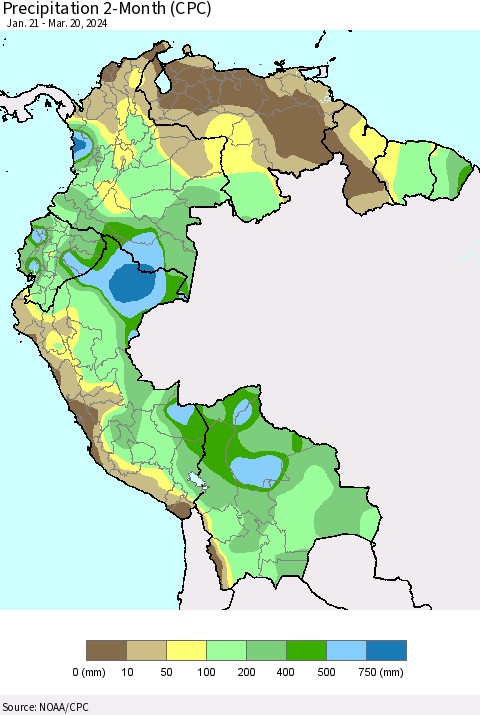Northern South America Precipitation 2-Month (CPC) Thematic Map For 1/21/2024 - 3/20/2024