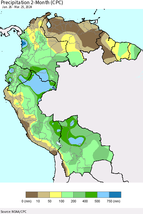 Northern South America Precipitation 2-Month (CPC) Thematic Map For 1/26/2024 - 3/25/2024