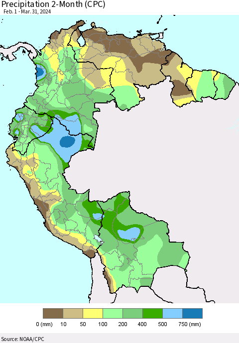 Northern South America Precipitation 2-Month (CPC) Thematic Map For 2/1/2024 - 3/31/2024