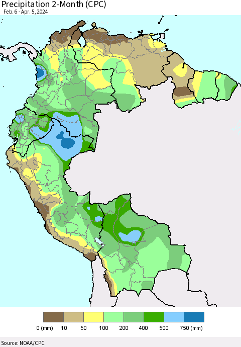 Northern South America Precipitation 2-Month (CPC) Thematic Map For 2/6/2024 - 4/5/2024