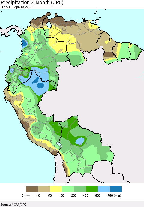 Northern South America Precipitation 2-Month (CPC) Thematic Map For 2/11/2024 - 4/10/2024
