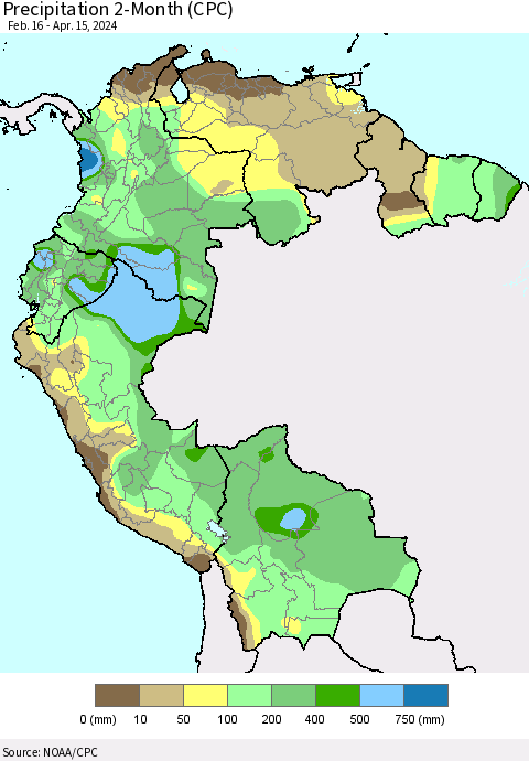 Northern South America Precipitation 2-Month (CPC) Thematic Map For 2/16/2024 - 4/15/2024