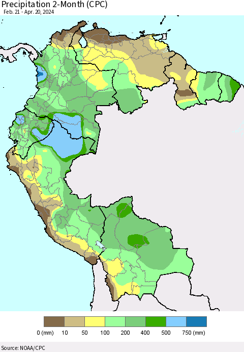 Northern South America Precipitation 2-Month (CPC) Thematic Map For 2/21/2024 - 4/20/2024