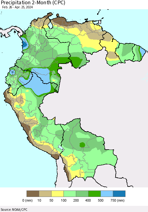 Northern South America Precipitation 2-Month (CPC) Thematic Map For 2/26/2024 - 4/25/2024