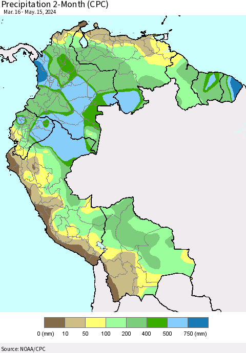 Northern South America Precipitation 2-Month (CPC) Thematic Map For 3/16/2024 - 5/15/2024