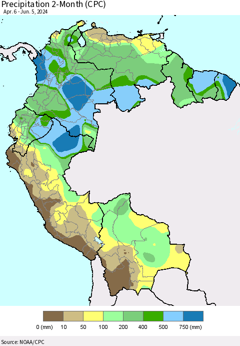 Northern South America Precipitation 2-Month (CPC) Thematic Map For 4/6/2024 - 6/5/2024