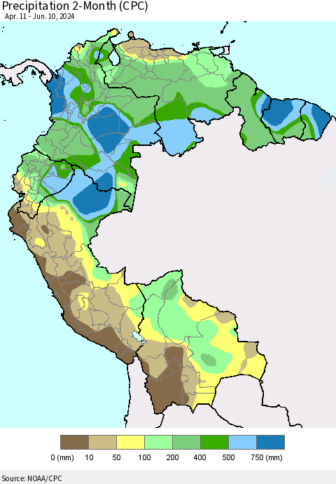 Northern South America Precipitation 2-Month (CPC) Thematic Map For 4/11/2024 - 6/10/2024