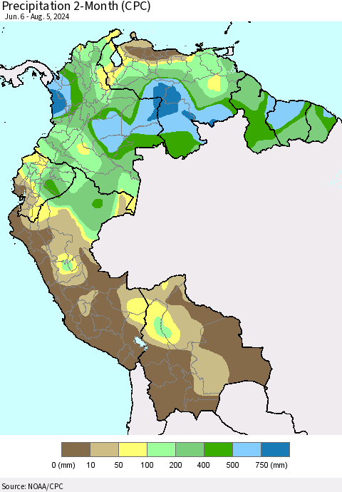 Northern South America Precipitation 2-Month (CPC) Thematic Map For 6/6/2024 - 8/5/2024