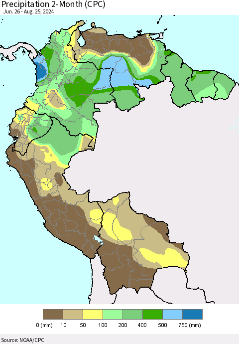 Northern South America Precipitation 2-Month (CPC) Thematic Map For 6/26/2024 - 8/25/2024