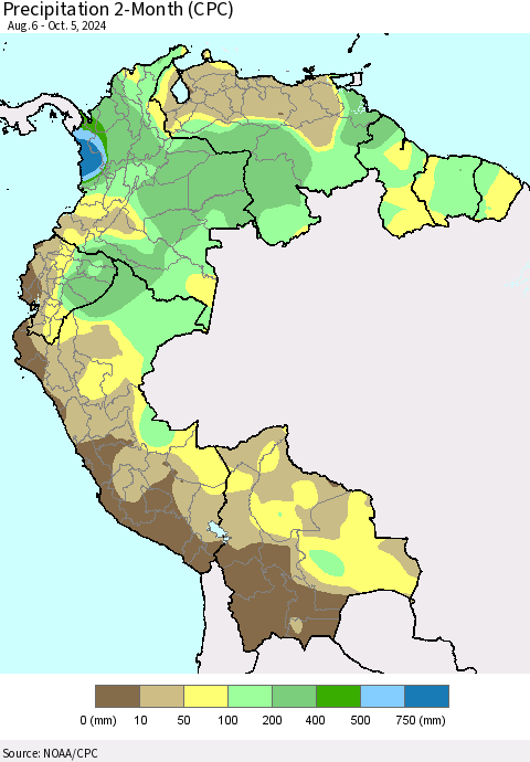 Northern South America Precipitation 2-Month (CPC) Thematic Map For 8/6/2024 - 10/5/2024