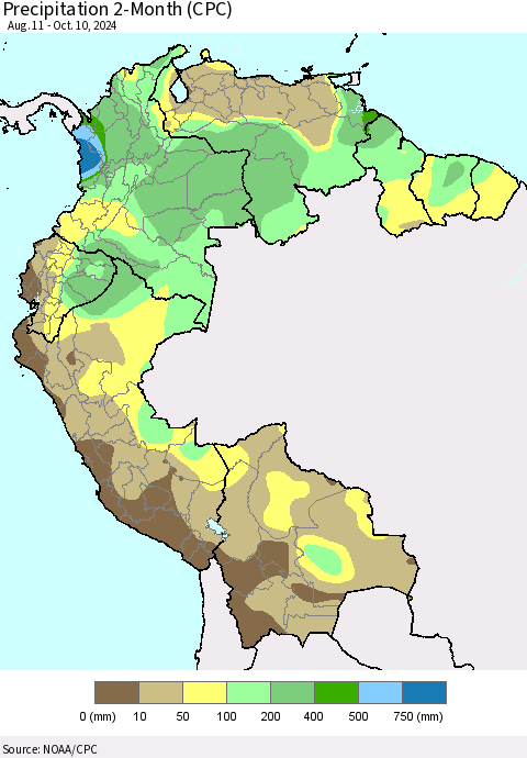 Northern South America Precipitation 2-Month (CPC) Thematic Map For 8/11/2024 - 10/10/2024