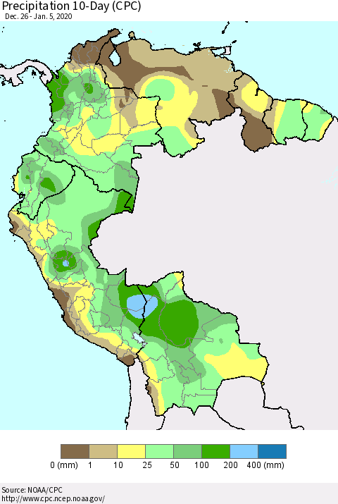 Northern South America Precipitation 10-Day (CPC) Thematic Map For 12/26/2019 - 1/5/2020