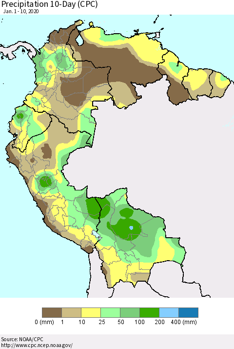 Northern South America Precipitation 10-Day (CPC) Thematic Map For 1/1/2020 - 1/10/2020