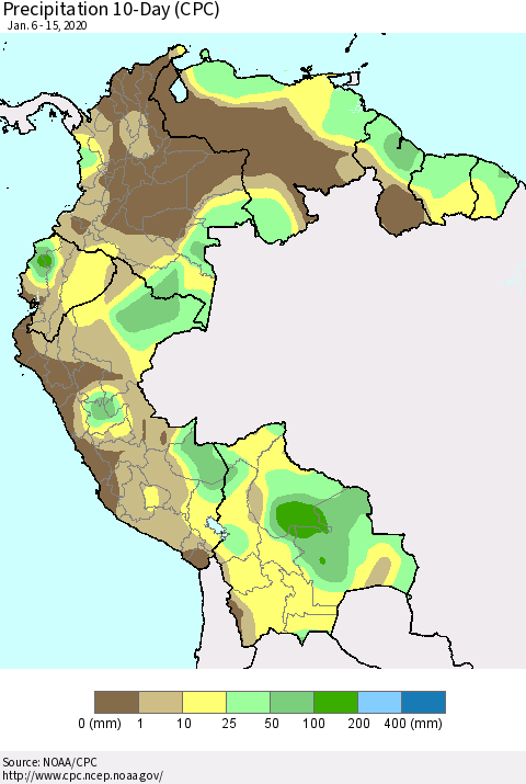 Northern South America Precipitation 10-Day (CPC) Thematic Map For 1/6/2020 - 1/15/2020