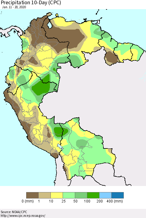 Northern South America Precipitation 10-Day (CPC) Thematic Map For 1/11/2020 - 1/20/2020
