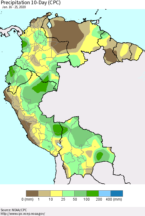 Northern South America Precipitation 10-Day (CPC) Thematic Map For 1/16/2020 - 1/25/2020