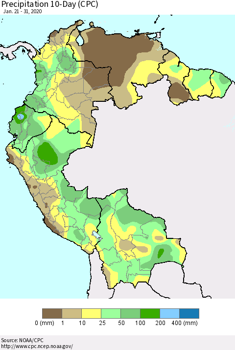 Northern South America Precipitation 10-Day (CPC) Thematic Map For 1/21/2020 - 1/31/2020