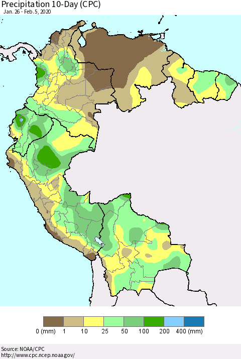Northern South America Precipitation 10-Day (CPC) Thematic Map For 1/26/2020 - 2/5/2020