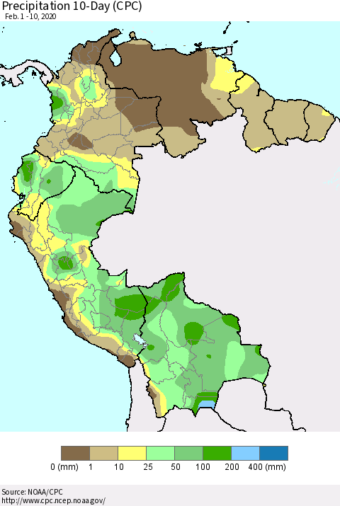 Northern South America Precipitation 10-Day (CPC) Thematic Map For 2/1/2020 - 2/10/2020