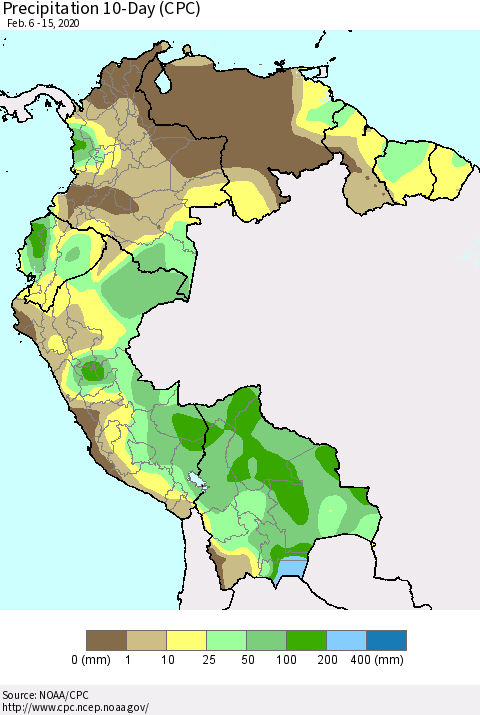 Northern South America Precipitation 10-Day (CPC) Thematic Map For 2/6/2020 - 2/15/2020