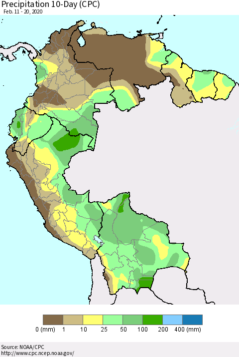 Northern South America Precipitation 10-Day (CPC) Thematic Map For 2/11/2020 - 2/20/2020