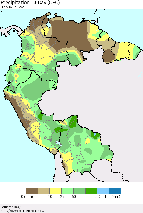 Northern South America Precipitation 10-Day (CPC) Thematic Map For 2/16/2020 - 2/25/2020